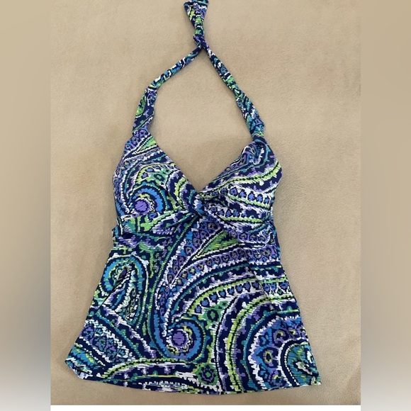 RALPH LAUREN TANKINI SWIMSUIT TOP HALTER  PADDED BRAS PAISLEY BLUE GREEN SIZE 8 - Picture 2 of 6